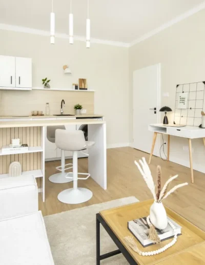 Budapest teljes felújítás és kiadásra felkészítés után nappali, konyha