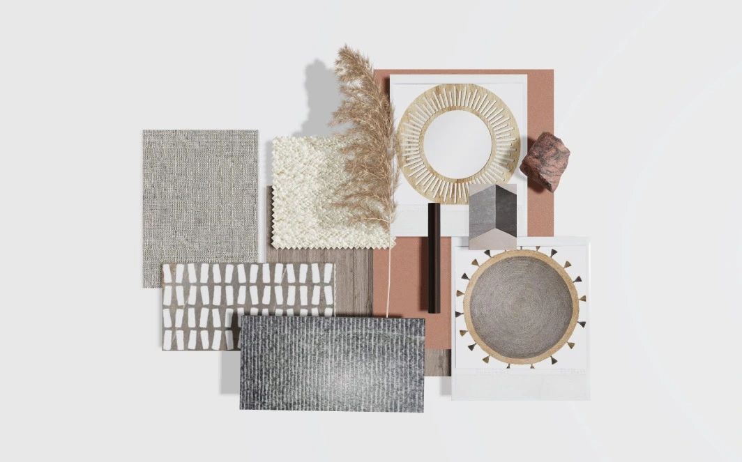 jó lakberendező által összeválogatott anyagok moodboard materialboard textúraválogatás